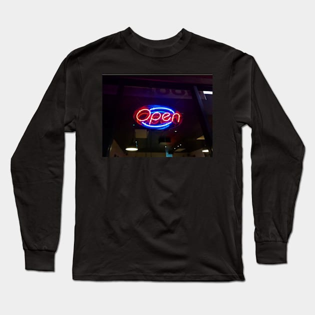 Open Neon Sign Long Sleeve T-Shirt by fionatgray